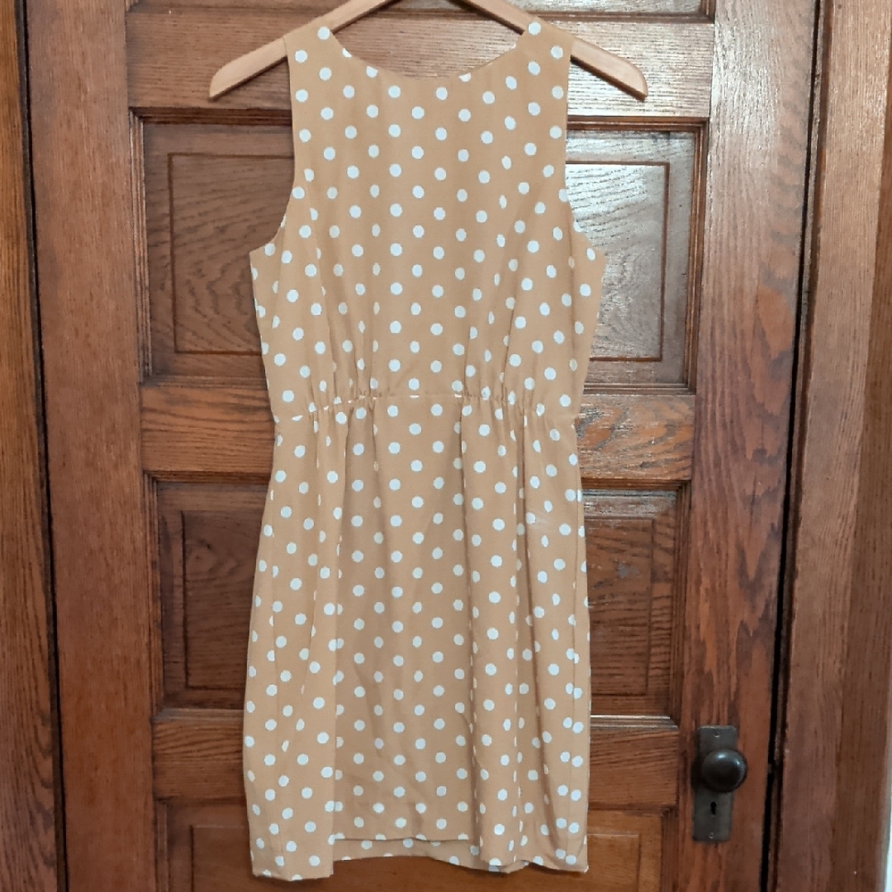 J. Crew Tan and White Polka Dot Midi Dress